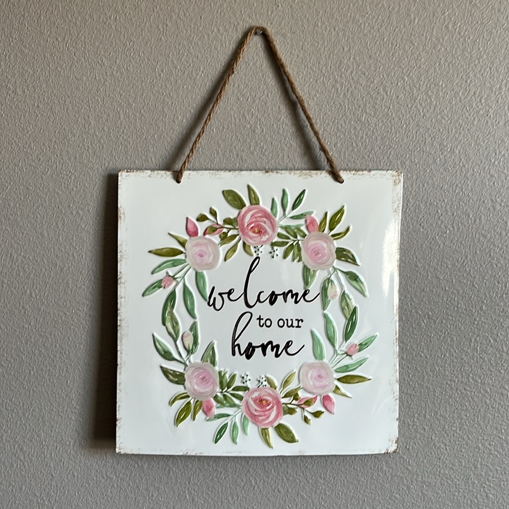 The Spring Shop Floral Welcome Sign with Pink Roses